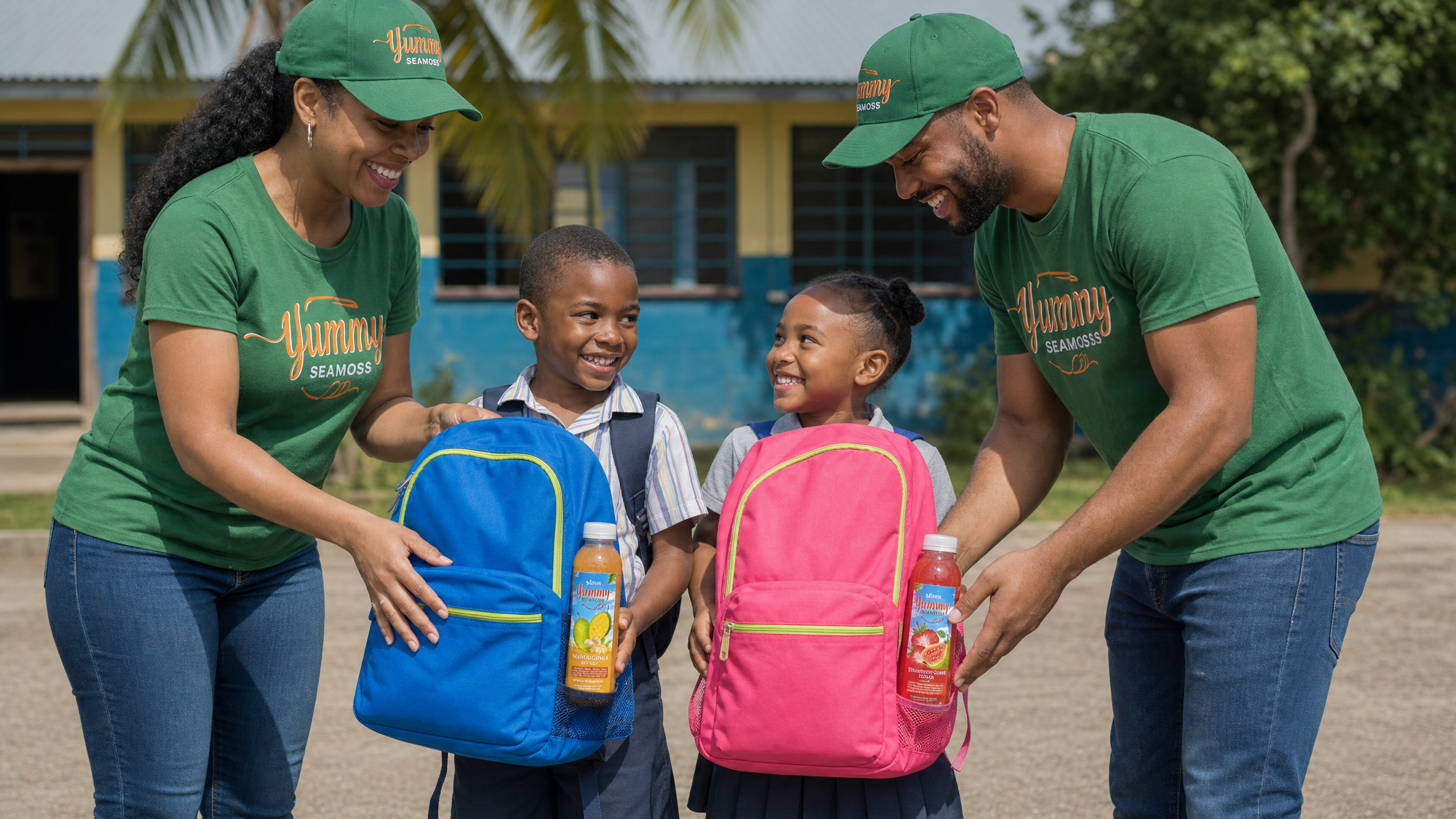 Yummy Seamoss team in branded green apparel handing backpacks and bottles to schoolchildren