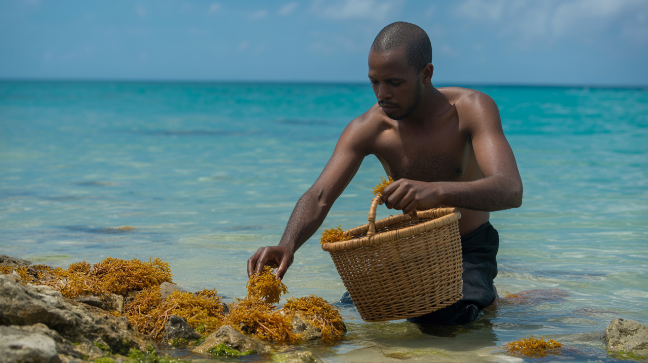 Wild sea moss harvesting on Caribbean coastline