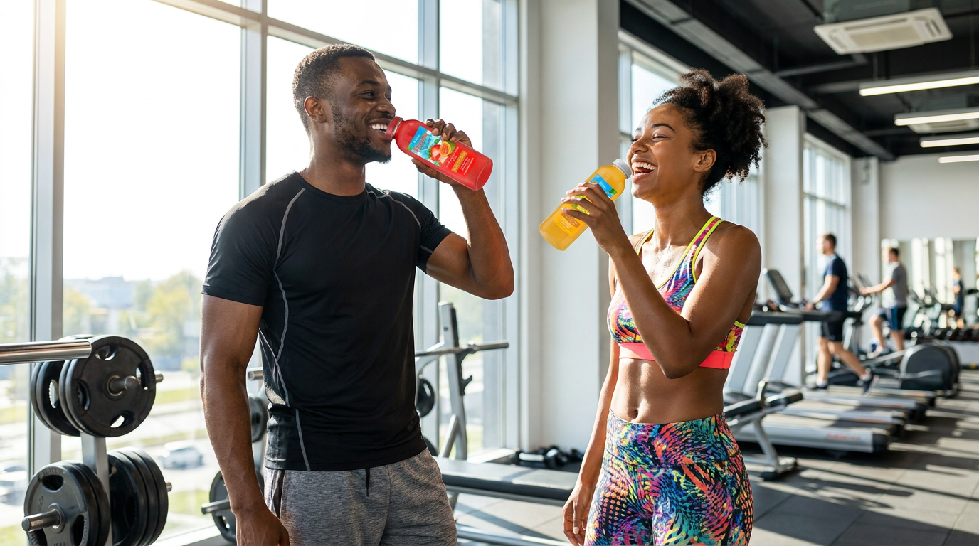 Fit couple drinking Yummy Seamoss at Retro Fitness gym