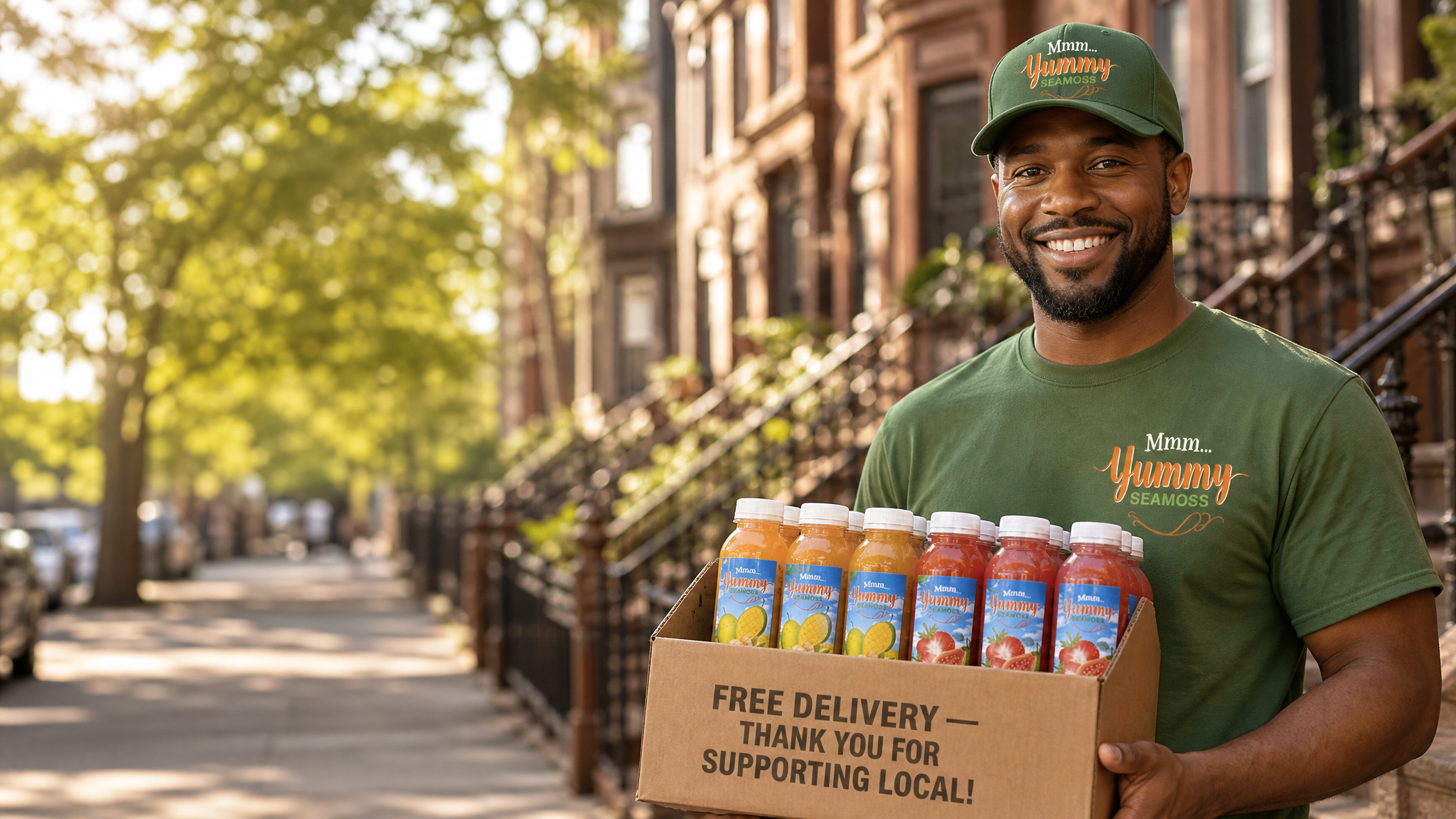 Yummy Seamoss delivery man in a branded green hat and shirt making a home delivery in Brooklyn